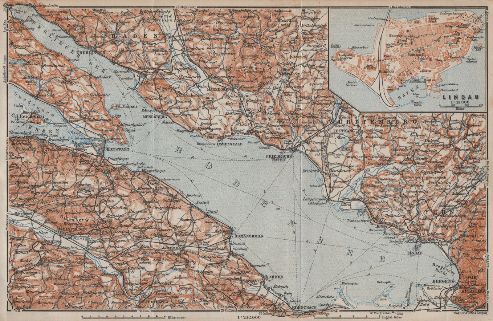 LAKE CONSTANCE inset LINDAU. Konstanz St Gallen Bregenz. Topo-map 1913 old